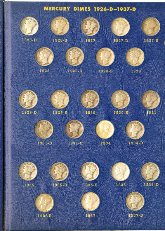Complete collection of Mercury dimes in a Whitman 9413 album