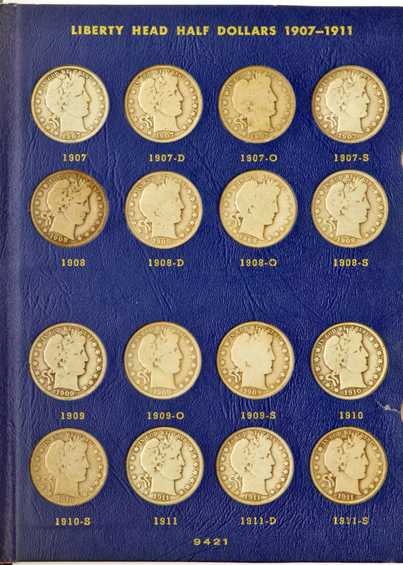 Complete collection of Barber half-dollars in two Whitman albums