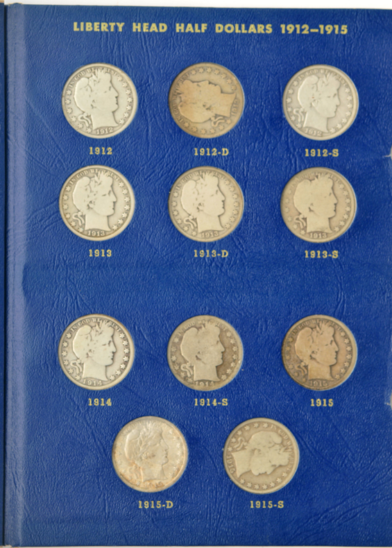 Complete collection of Barber half-dollars in two Whitman albums