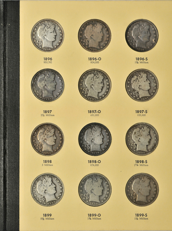 Nearly complete collection of Barber half dollars in a Library of Coins album
