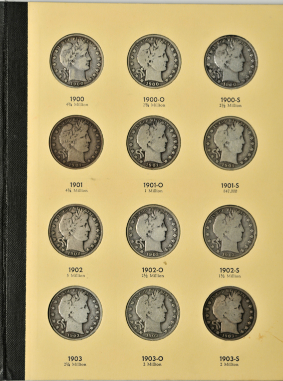 Nearly complete collection of Barber half dollars in a Library of Coins album