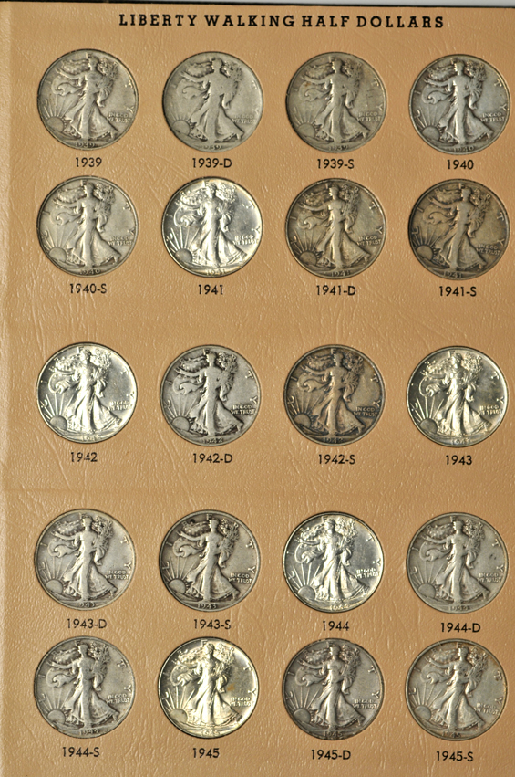Complete collection of Walking Liberty half-dollars in a Dansco 7160 album