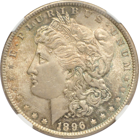 Four Uncirculated Morgan silver dollars, toned, all NGC CAC