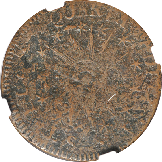 1786 Vermont Landscape, and a 1787 Fugio, both NGC VF details, as described