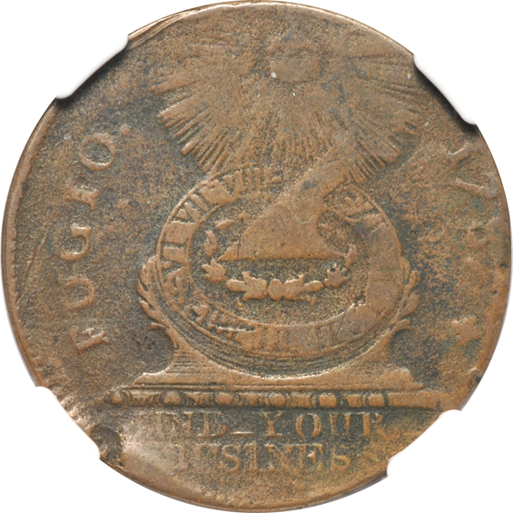 1786 Vermont Landscape, and a 1787 Fugio, both NGC VF details, as described