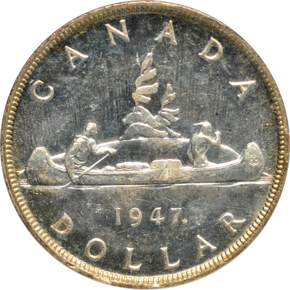 Canada - Two 1947 $1, one PCGS MS-63 (green label), the other raw