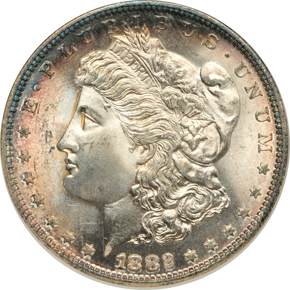 Four 1882-S, and an 1884-O, all NGC MS-65 (no line) CAC