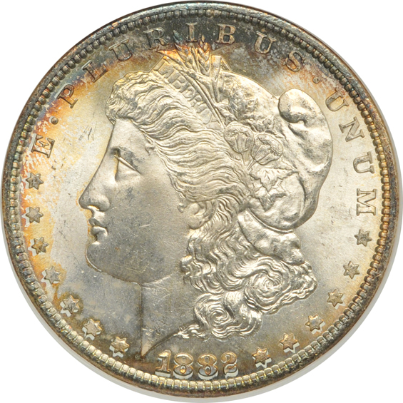 Four 1882-S, and an 1884-O, all NGC MS-65 (no line) CAC