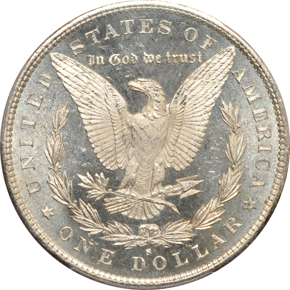 Seven Uncirculated Morgan silver dollars certified by PCGS