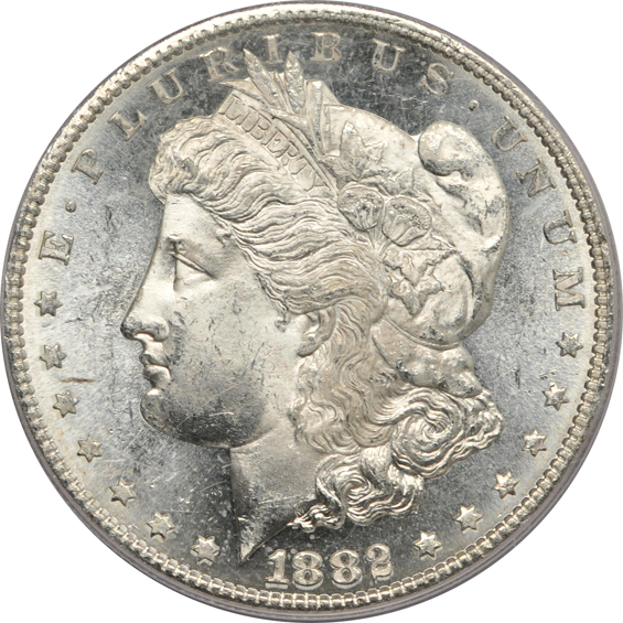 Seven Uncirculated Morgan silver dollars certified by PCGS