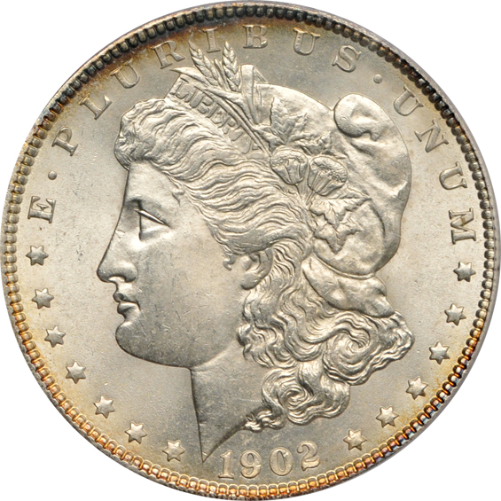 Seven Uncirculated Morgan silver dollars certified by PCGS