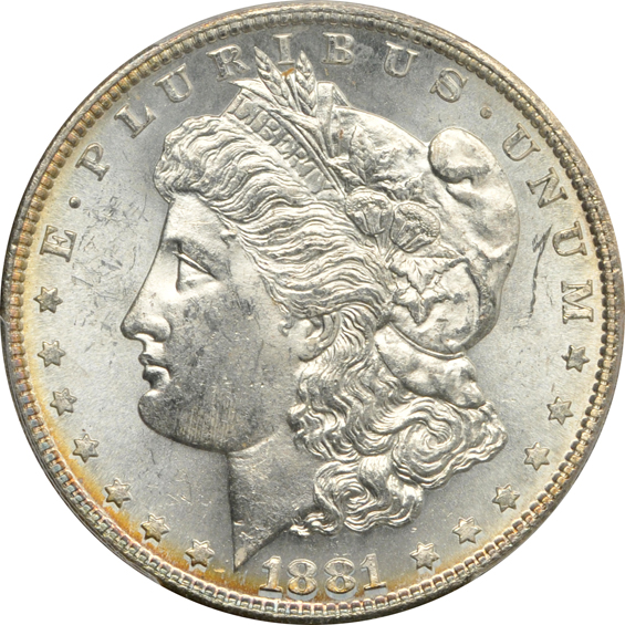 Seven Uncirculated Morgan silver dollars certified by PCGS