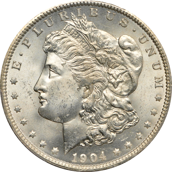 Seven Uncirculated Morgan silver dollars certified by PCGS