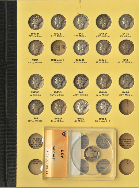 Two nearly complete collections of Mercury dimes, including a 1916-D ANACS AG-3