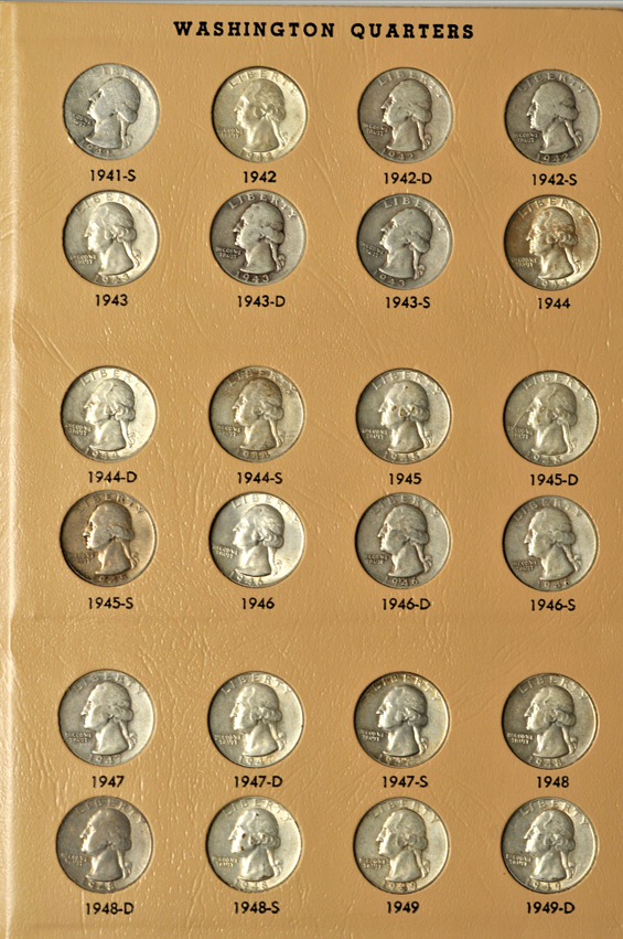 Complete collection of Washington quarters, including proof-only issues through 1998-S silver, in a Dansco 8140 album