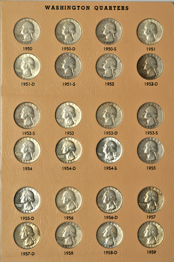 Complete collection of Washington quarters, including proof-only issues through 1998-S silver, in a Dansco 8140 album