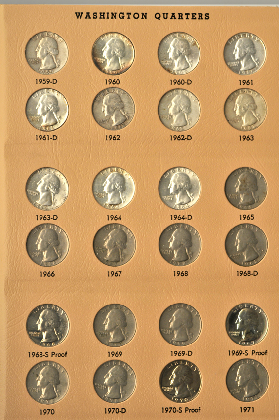 Complete collection of Washington quarters, including proof-only issues through 1998-S silver, in a Dansco 8140 album