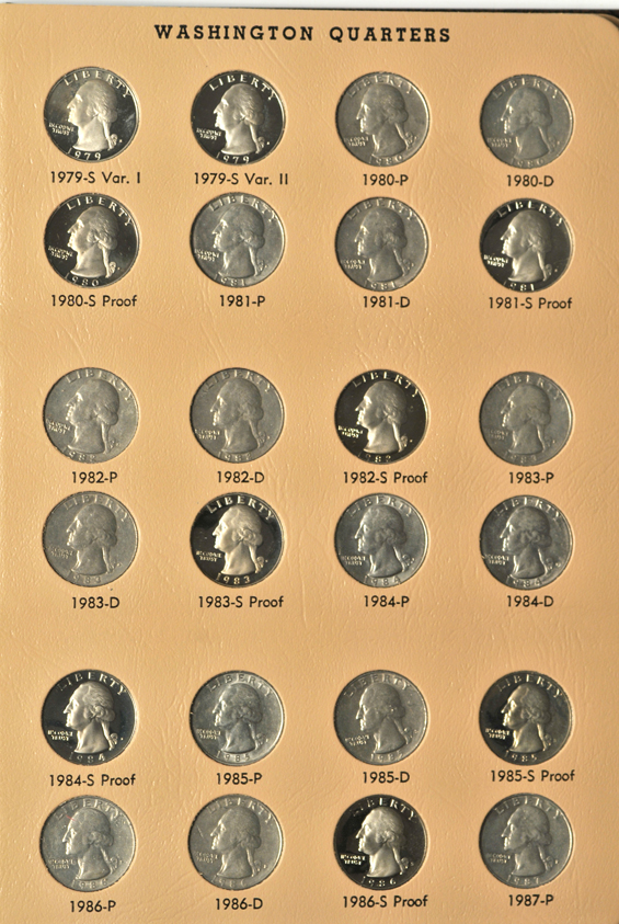 Complete collection of Washington quarters, including proof-only issues through 1998-S silver, in a Dansco 8140 album