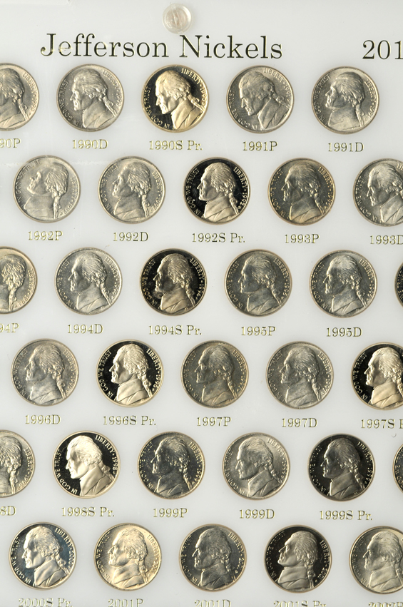 Complete collection of Jefferson nickels through 2008-D, including proof-only issues, in three Capital Plastic holders