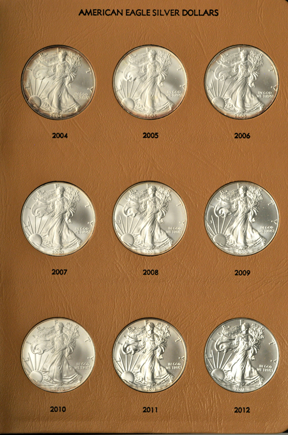 Two collection of BU American Silver Eagles, one through 2011, the other through 2012, both in albums