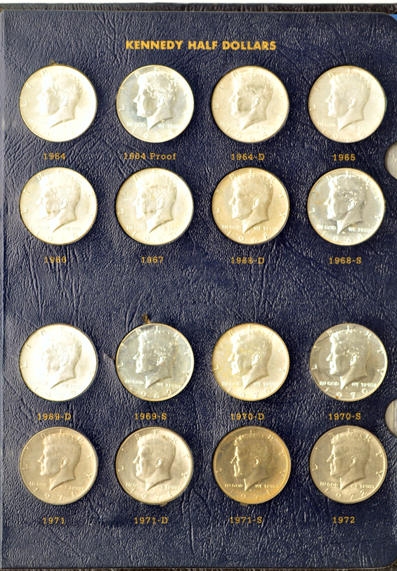 Four collections of Eisenhower dollars, two collections of Kennedy half-dollars, and a collection of SBA dollars in seven different albums