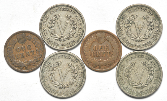 Eighty various Liberty nickels, and fifty Indian Head cents