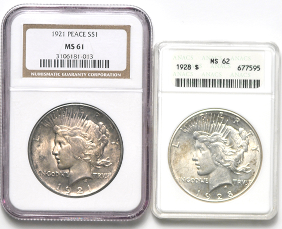 Two partial Peace dollar collections including two 1921 and a 1928