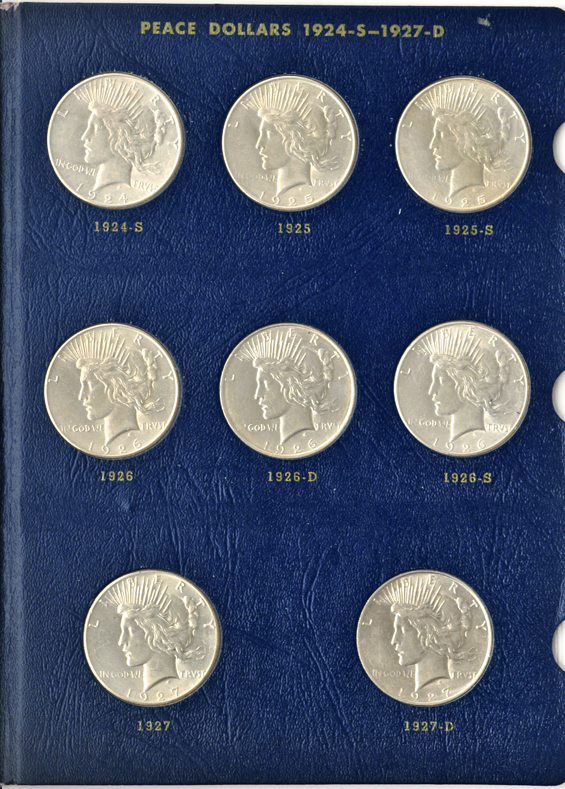 Complete collection of Peace dollars in a Whitman 9430 album