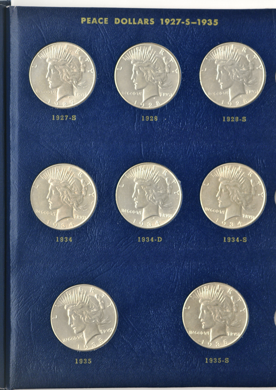 Complete collection of Peace dollars in a Whitman 9430 album