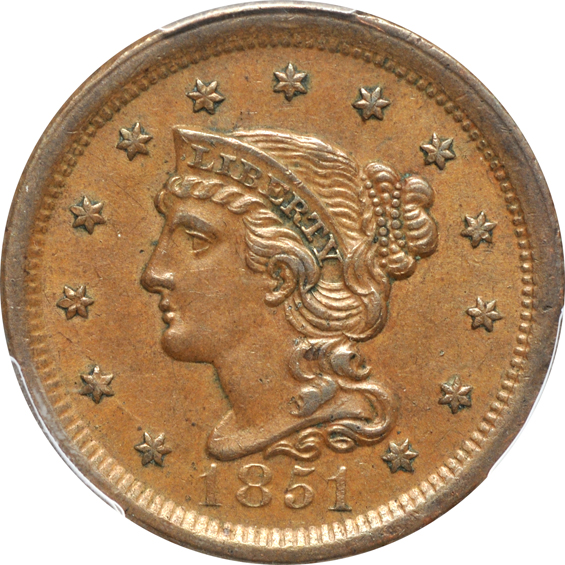 Six AU Large Cents certified by PCGS