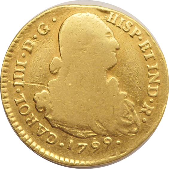 Spain - 1817-GJ 1/2 Escudo, 1799 2 Escudos, and a 1795 4 Escudos, as described