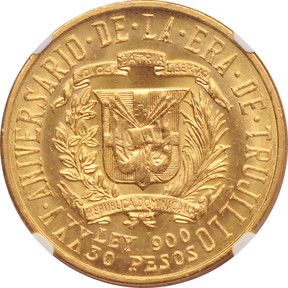 Dominican Republic - 1955 30 Pesos, Trujillo Anniversary - NGC MS-62