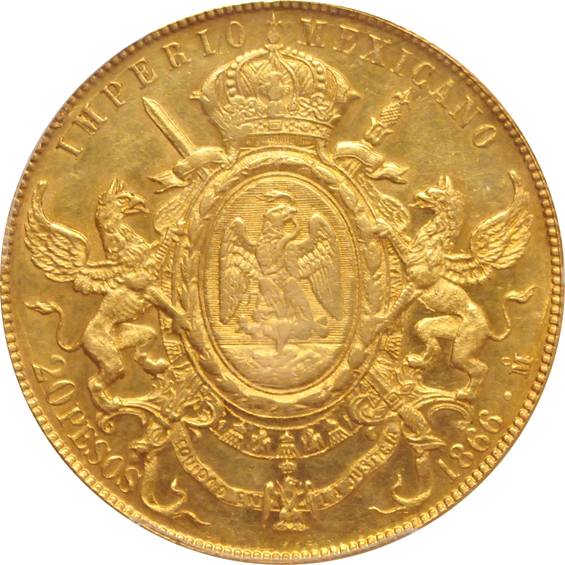 Mexico - 1866-Mo 20 Peso - PCGS UNC details/filed rims