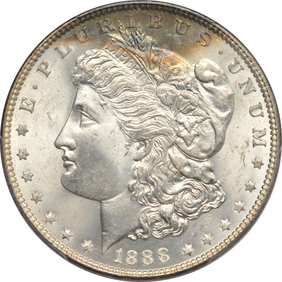 1881-S NGC MS-65 CAC, 1886 PCGS MS-65 (rattler) CAC, and an 1888 PCGS MS-65 CAC