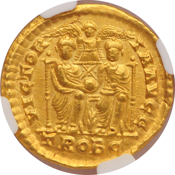Roman Empire - 367-383 BC AV Solidus, Emperors holding Globe - NGC AU Star