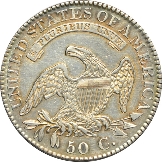1823 Bust half-dollar, 1876 Seated quarter, and a 1914 Barber quarter