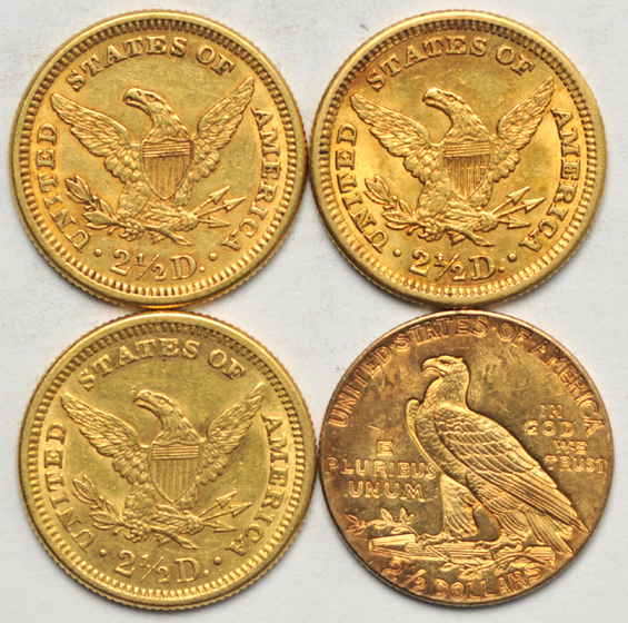 Three Liberty quarter eagles, plus an Indian quarter eagle