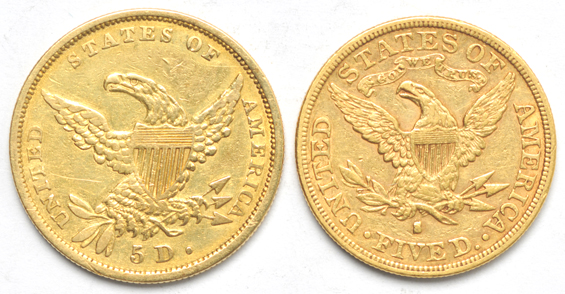 1834 Classic, Plain 4 VF details/cleaned/reverse scratch, plus three additional half eagles
