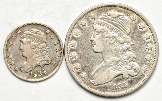 Four capped-bust silver type coins