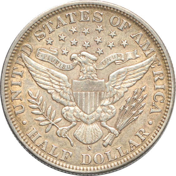 1898-S Barber half-dollar, 1903-O Barber quarter, and an 1892-S Barber dime, all XF or better details