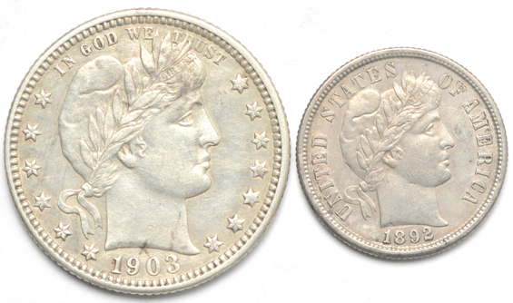 1898-S Barber half-dollar, 1903-O Barber quarter, and an 1892-S Barber dime, all XF or better details