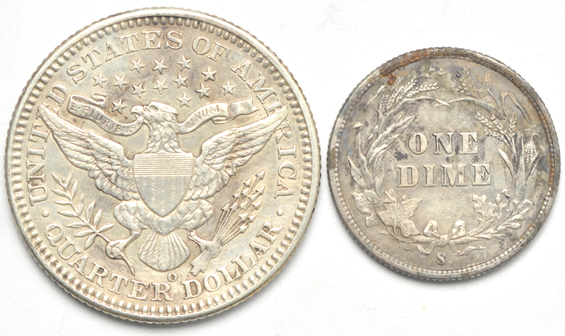 1898-S Barber half-dollar, 1903-O Barber quarter, and an 1892-S Barber dime, all XF or better details