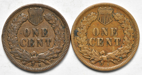 1909-S and 1908-S Indian cents, both Fine details