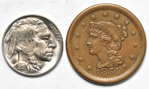 Three large cents, four nickels, and a seated dime