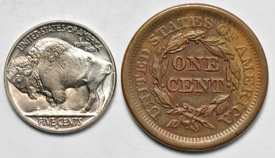 Three large cents, four nickels, and a seated dime