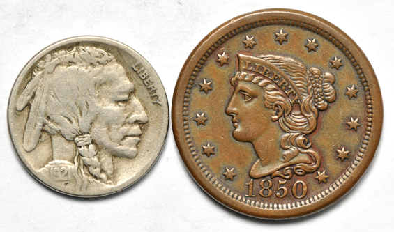 Three large cents, four nickels, and a seated dime