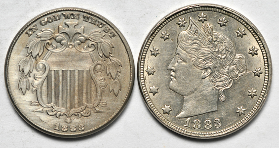 Three large cents, four nickels, and a seated dime