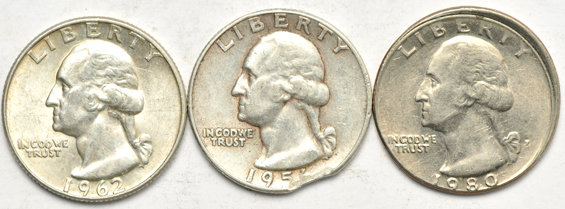 Collection of seven error/variety coins, as described