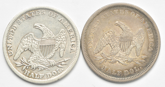 Three Bust half-dollars and two Liberty Seated half-dollars