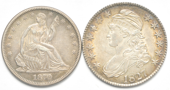 Three Bust half-dollars and two Liberty Seated half-dollars